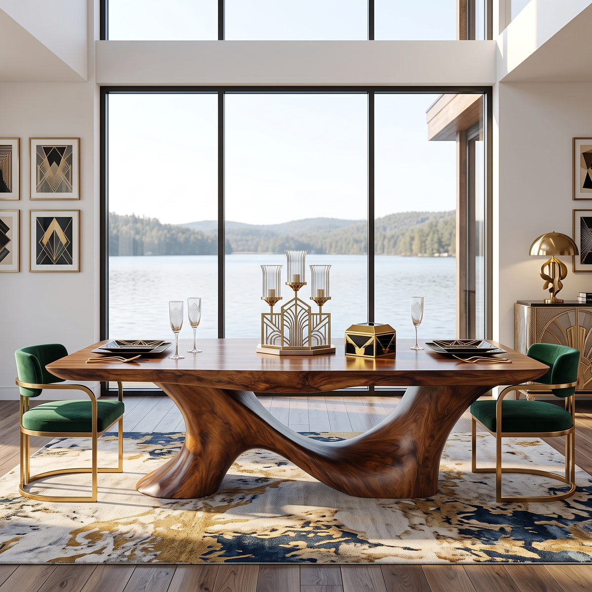 Dining Table with Sculptural Twin Curve Base and Organic Solid Wood Top