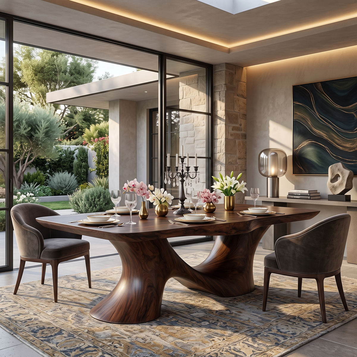 Dining Table with Sculptural Twin Curve Base and Organic Solid Wood Top