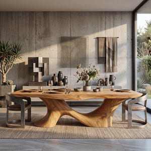 Dining Table with Sculptural Twin Curve Base and Organic Solid Wood Top