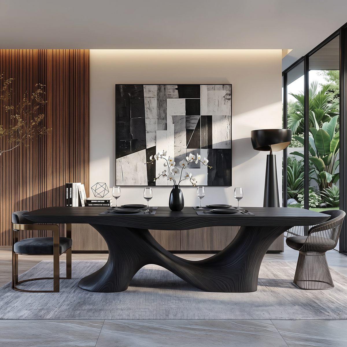 Dining Table with Sculptural Twin Curve Base and Organic Solid Wood Top