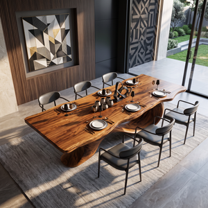 Dining Table with Sculptural Wave Base and Organic Solid Wood Top