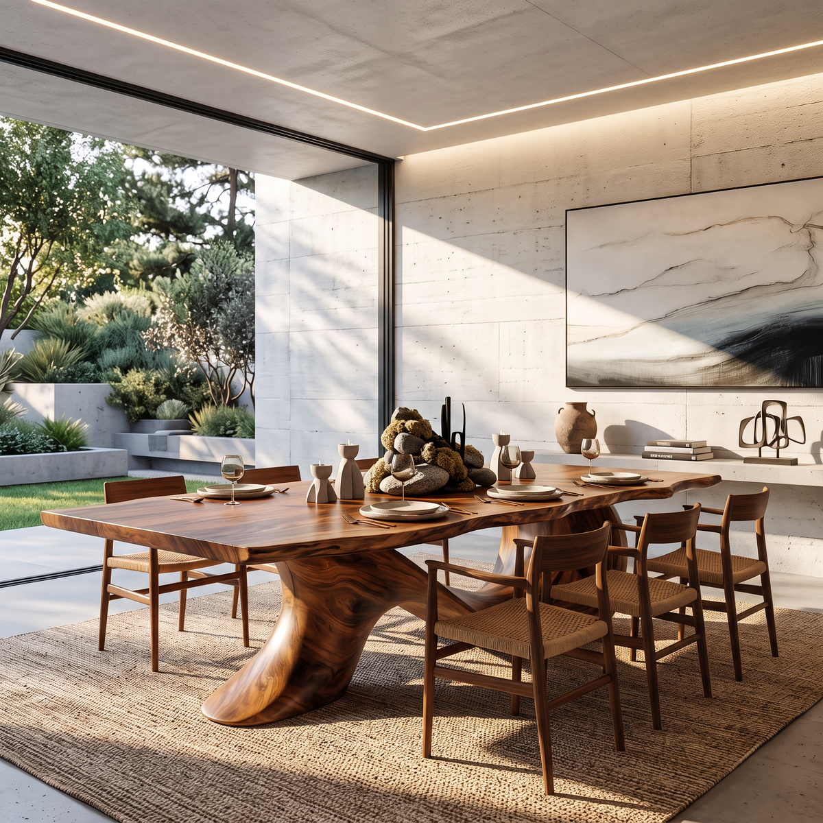 Dining Table with Sculptural Wave Base and Organic Solid Wood Top