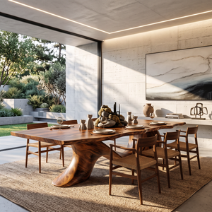 Dining Table with Sculptural Wave Base and Organic Solid Wood Top