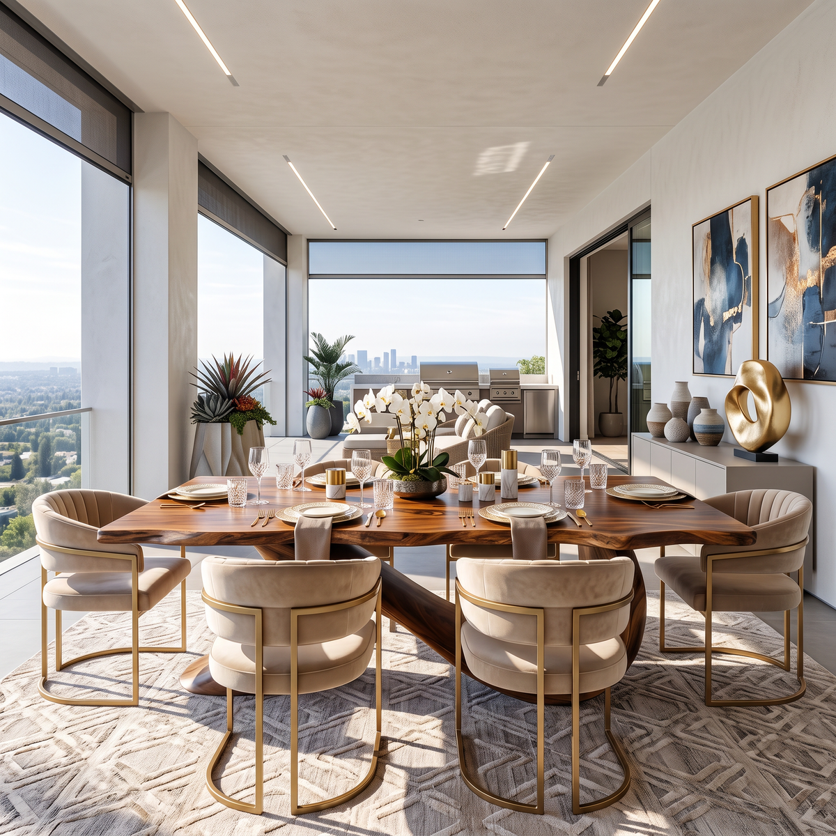 Dining Table with Sculptural Wave Base and Organic Solid Wood Top