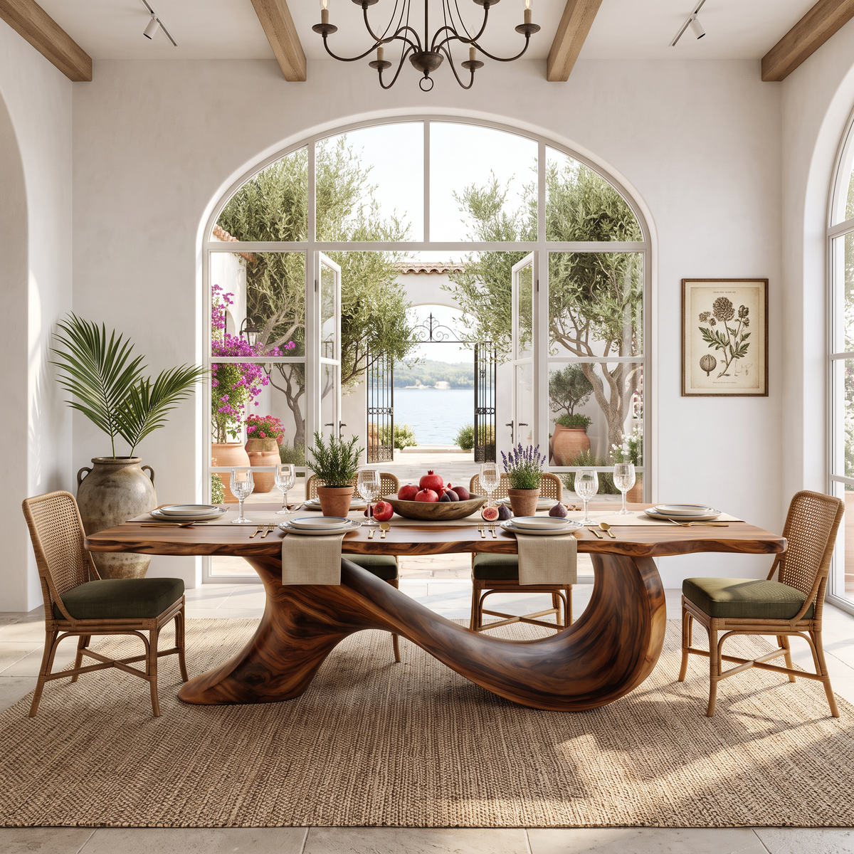 Dining Table with Sculptural Wave Base and Organic Solid Wood Top