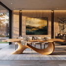 Dining Table with Sculptural Wave Base and Organic Solid Wood Top