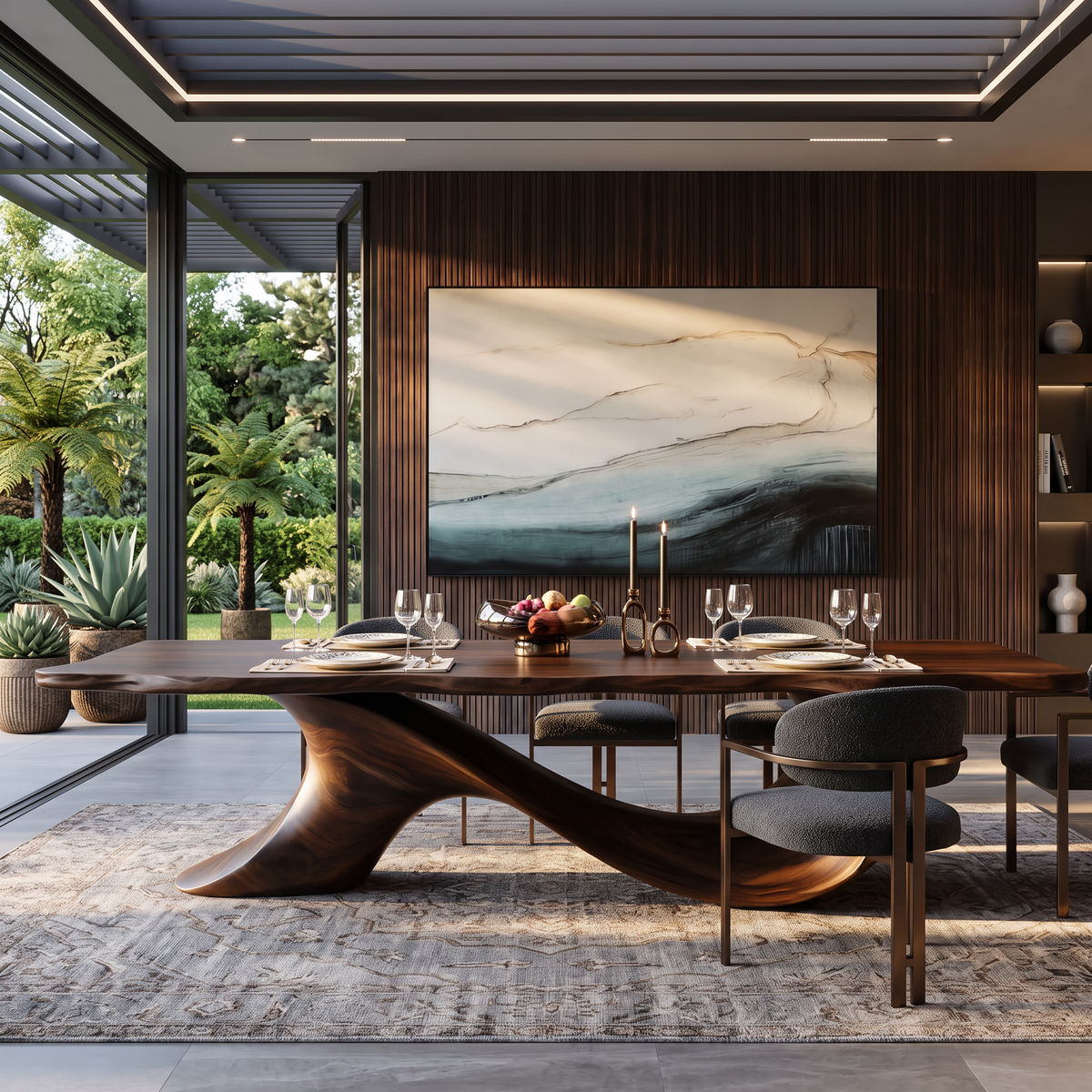 Dining Table with Sculptural Wave Base and Organic Solid Wood Top