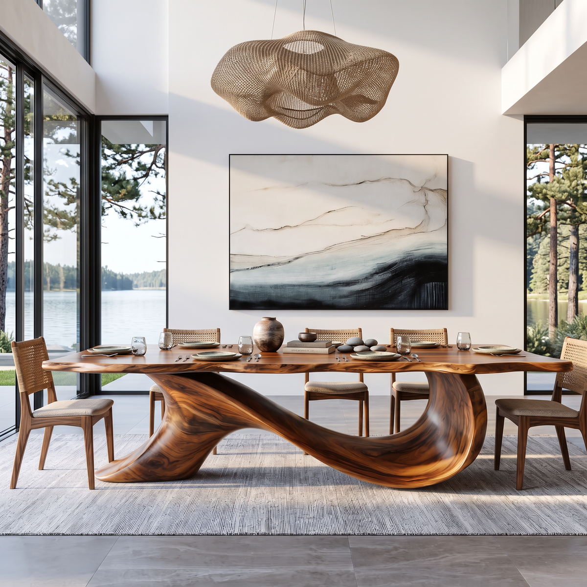 Dining Table with Sculptural Wave Base and Organic Solid Wood Top
