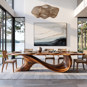 Dining Table with Sculptural Wave Base and Organic Solid Wood Top