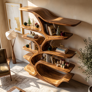Organic Solid Wood Bookshelf with Tree Branch Inspired Sculptural Shelves