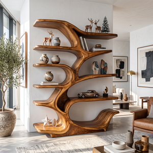 Organic Solid Wood Bookshelf with Tree Branch Inspired Sculptural Shelves