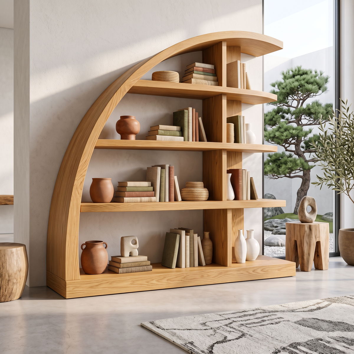 Sculptural Solid Wood Bookshelf with Curved Arch Frame and Open Display Shelves
