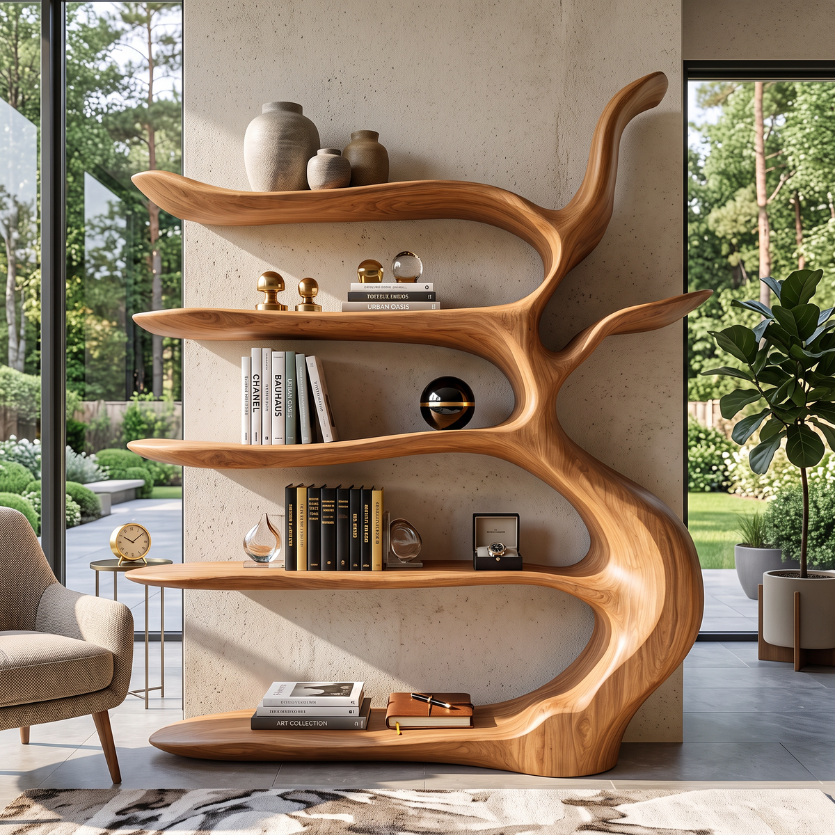 Sculptural  Bookshelf with Tree Inspired Branch Shelves and Organic Open Design