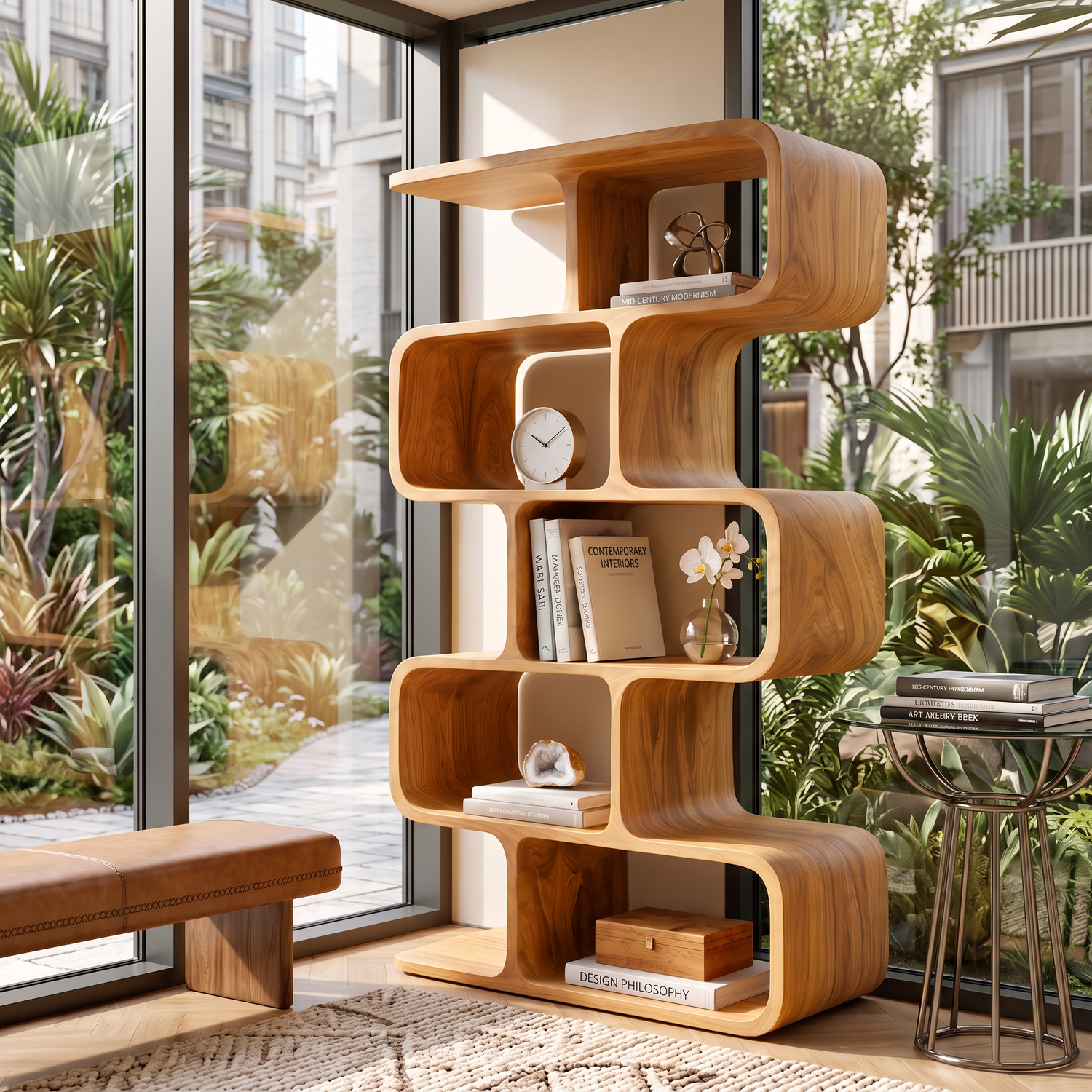 Organic Solid Wood Bookshelf with Staggered Rounded Compartments