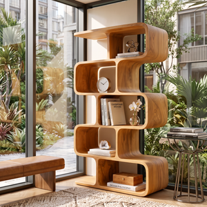 Organic Solid Wood Bookshelf with Staggered Rounded Compartments