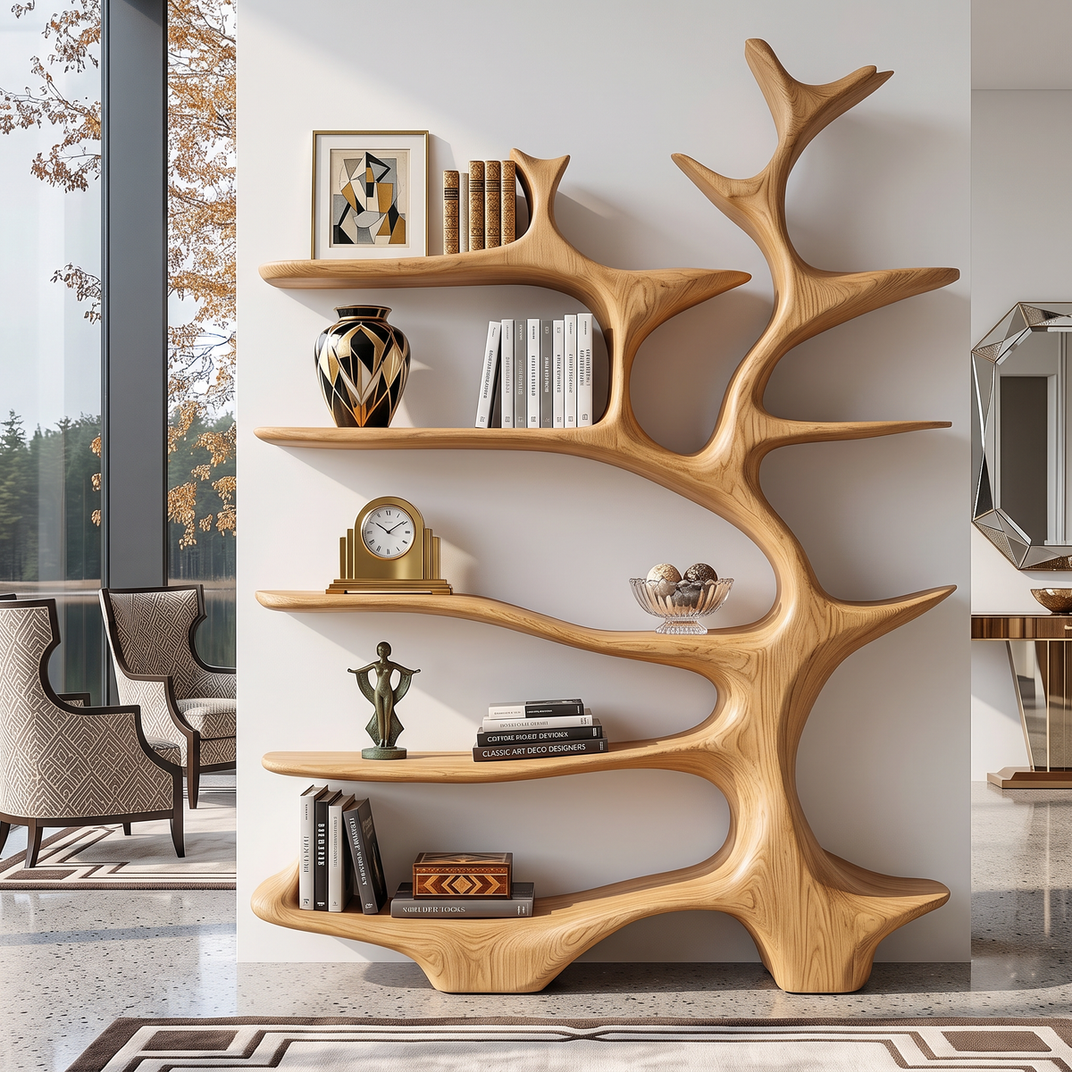 Nature Inspired Solid Wood Bookcase with Freeform Tree Shelving