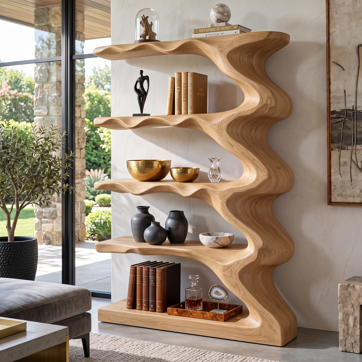 Organic Solid Wood Bookcase with Flowing Wave Shelves and Sculptural Open Design
