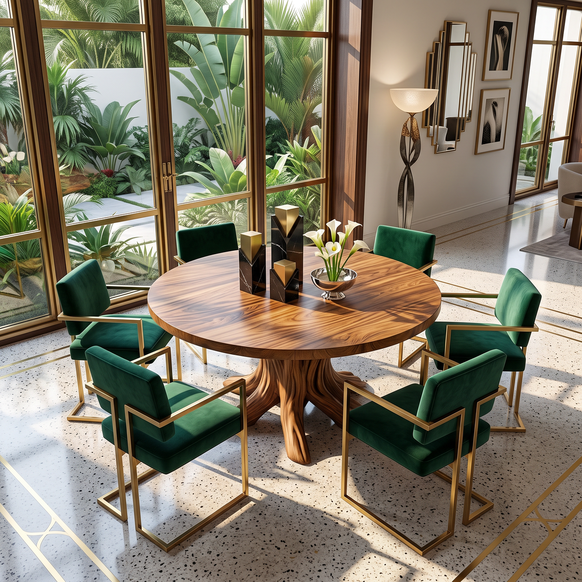 Dining Table with Branching Pedestal Base and Round Solid Wood Top