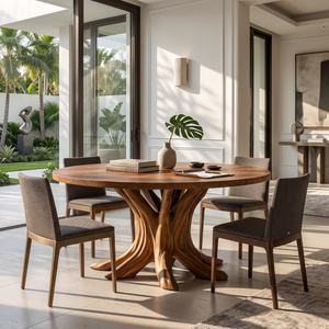 Dining Table with Branching Pedestal Base and Round Solid Wood Top