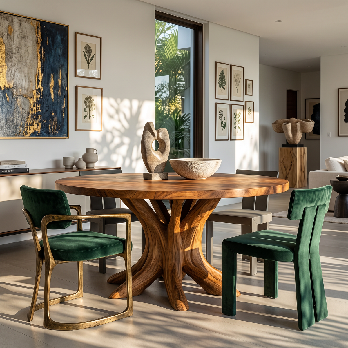 Dining Table with Branching Pedestal Base and Round Solid Wood Top