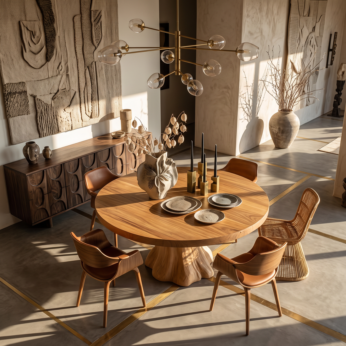 Dining Table with Flared Pedestal Base and Round Solid Wood Top
