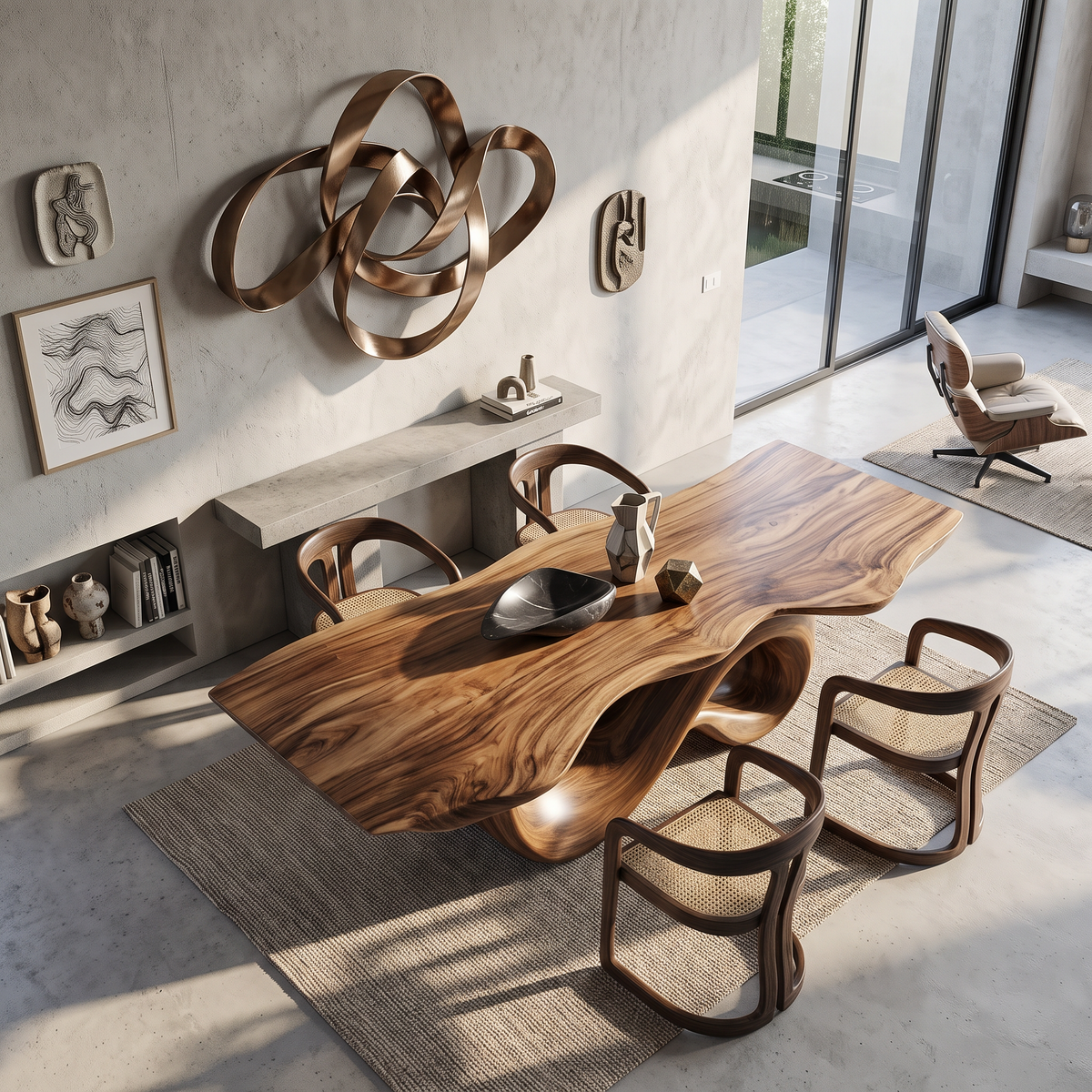 Dining Table with Sculptural Double Loop Base and Solid Wood Top