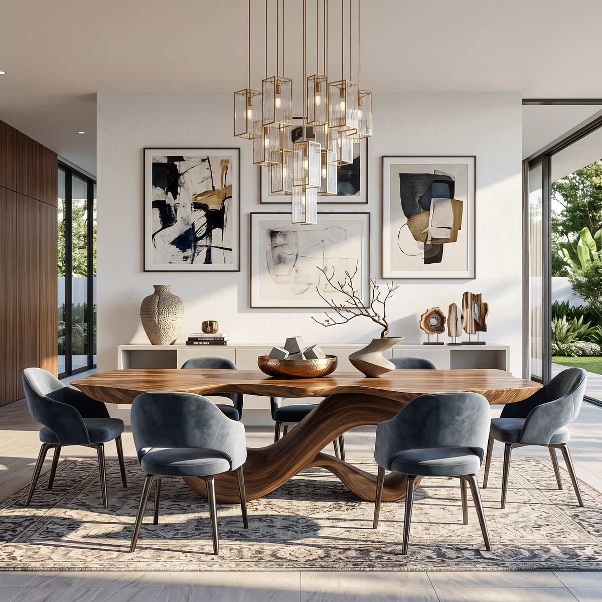 Dining Table with Sculptural Double Loop Base and Solid Wood Top