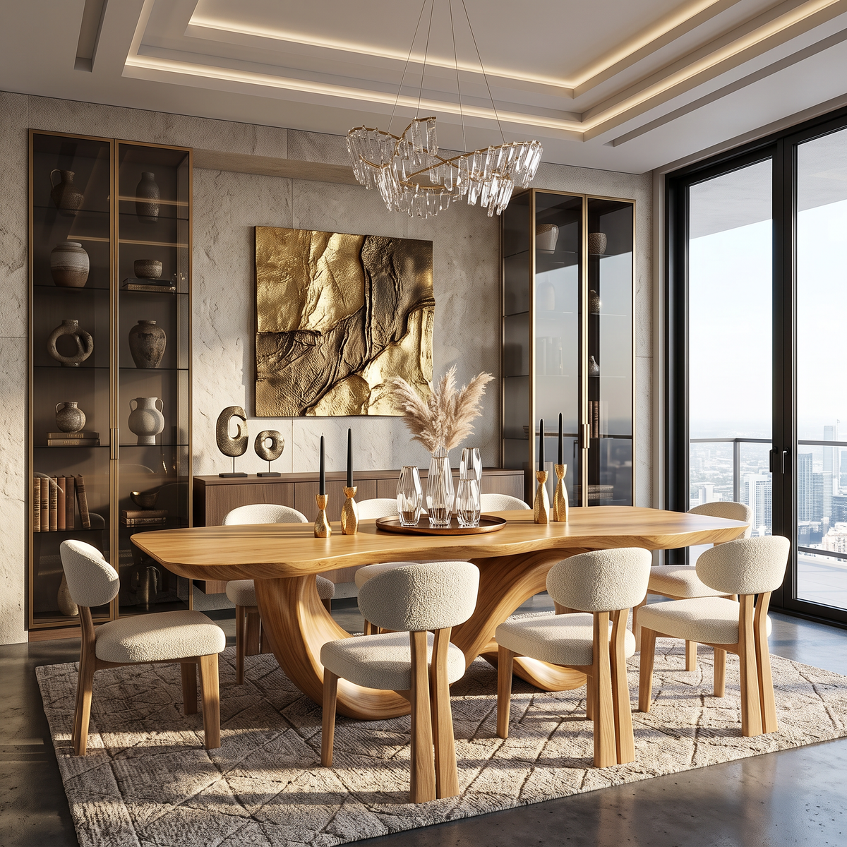Dining Table with Sculptural Double Loop Base and Solid Wood Top