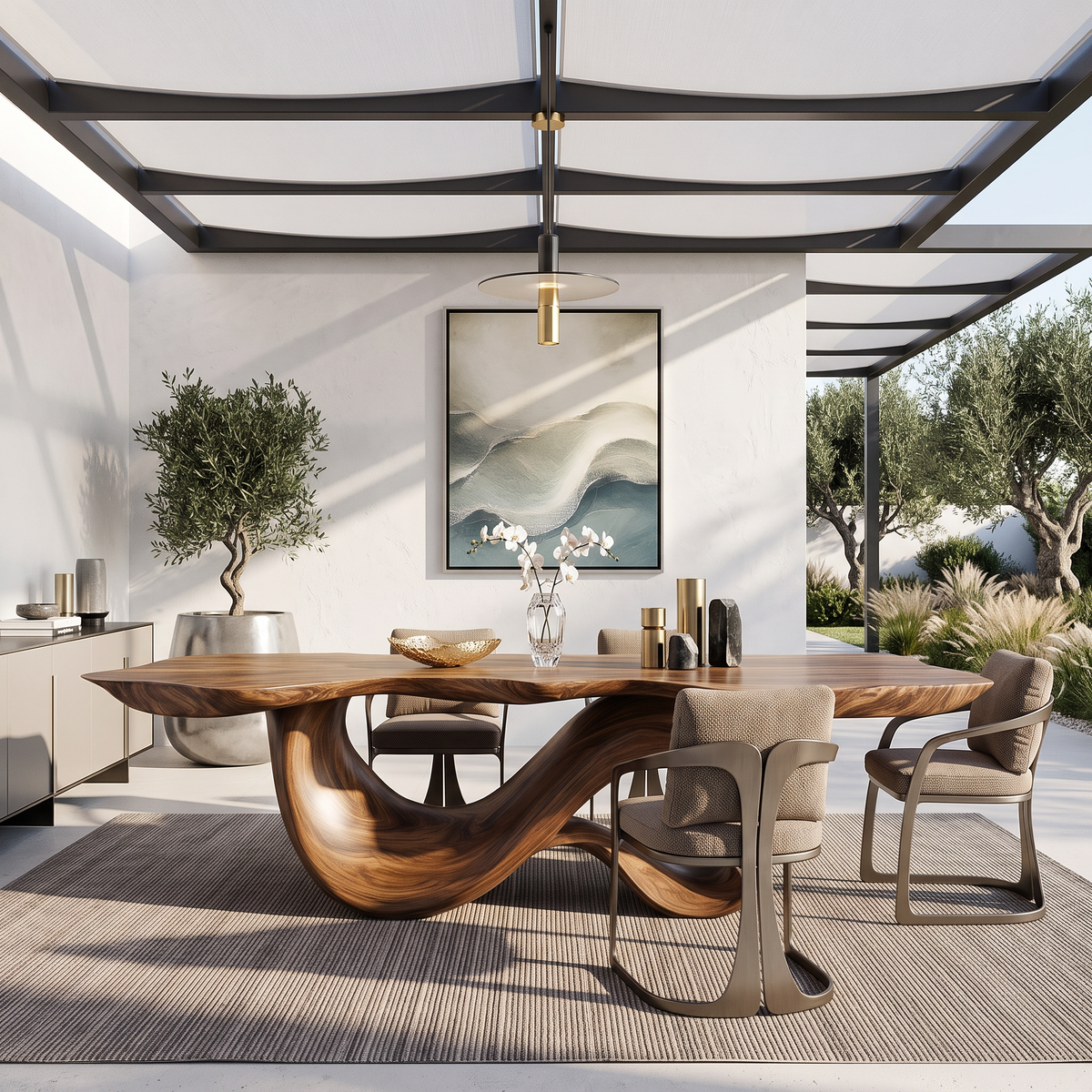 Dining Table with Sculptural Double Loop Base and Solid Wood Top