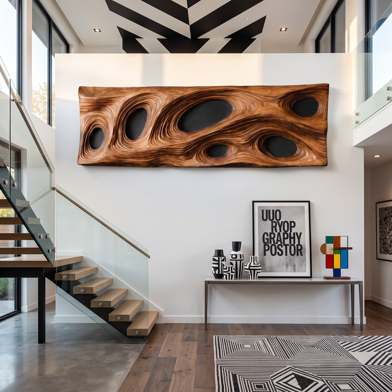Solid Wood Openwork Wave Panel Wall Sculpture for Modern Interiors