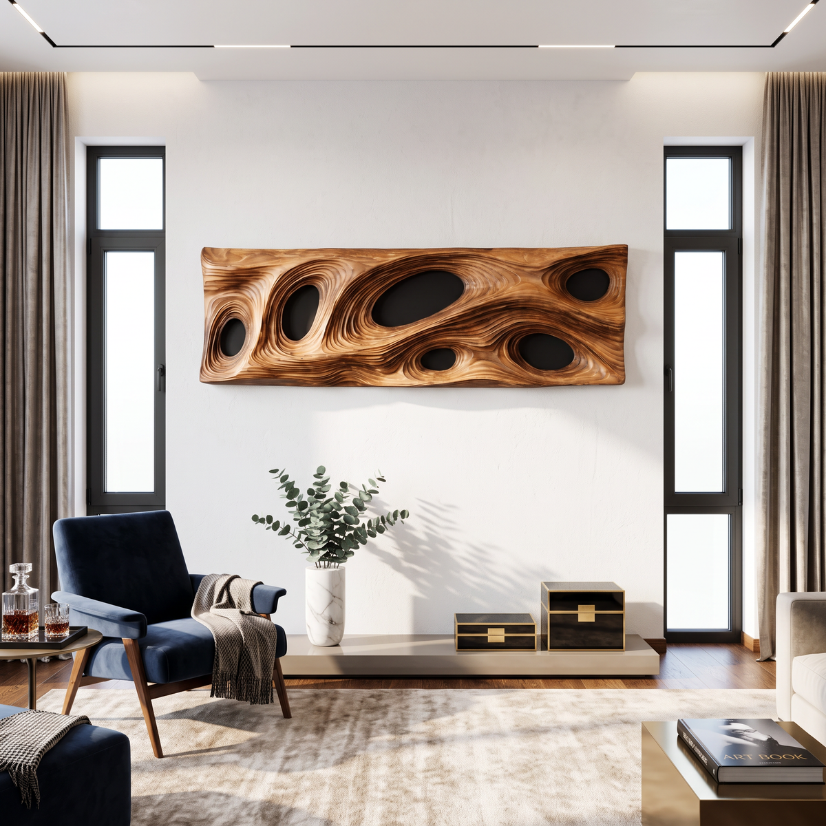 Solid Wood Openwork Wave Panel Wall Sculpture for Modern Interiors