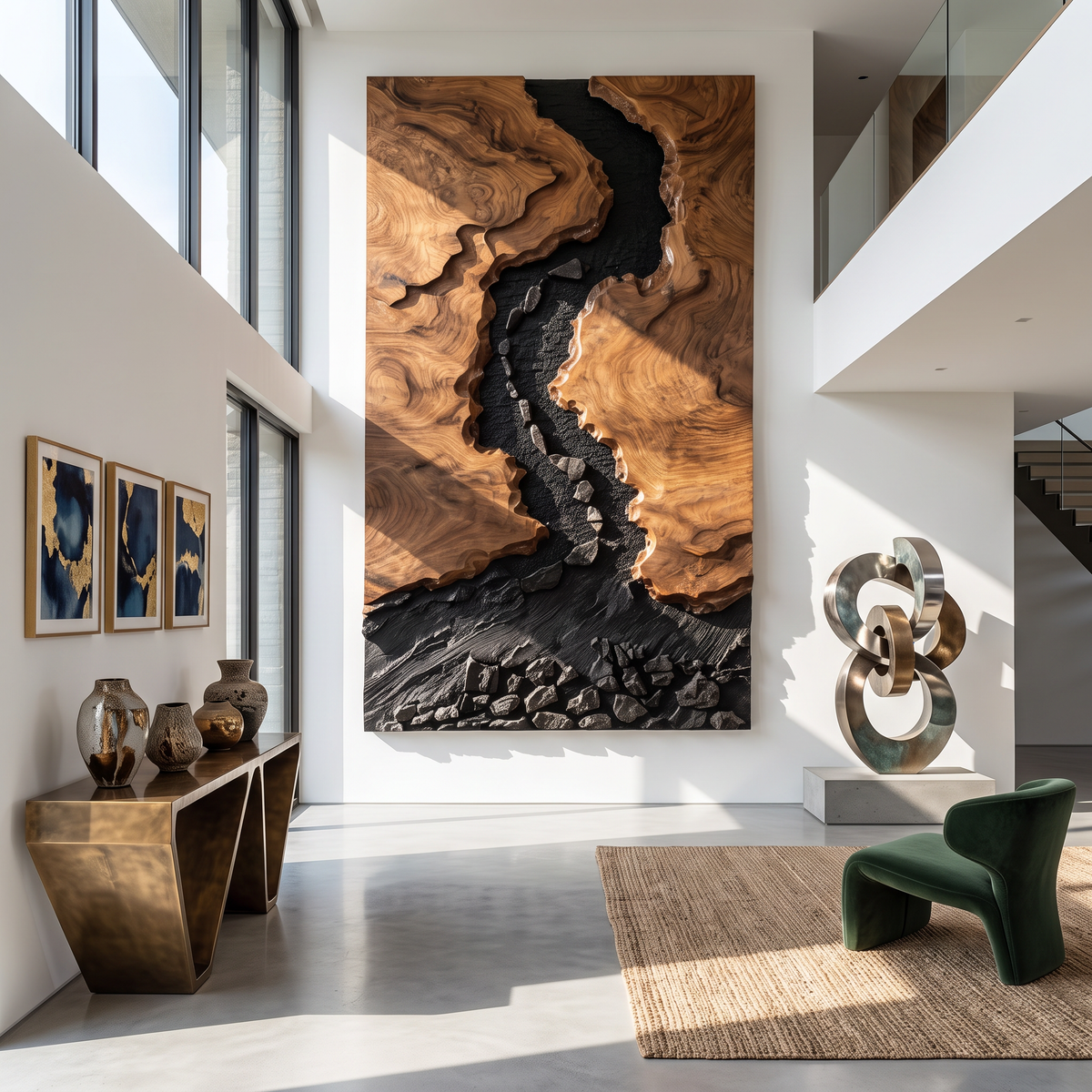 Large Solid Wood River Landscape Wall Sculpture for Modern Living Rooms