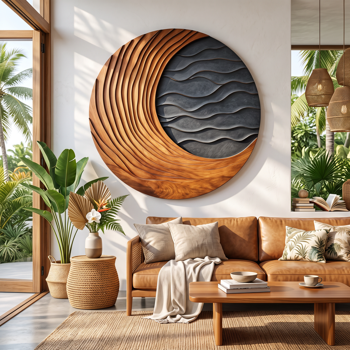 Circular Solid Wood Wall Art with Sweeping Crescent Carving and Layered Ocean Waves
