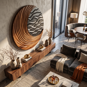 Circular Solid Wood Wall Art with Sweeping Crescent Carving and Layered Ocean Waves