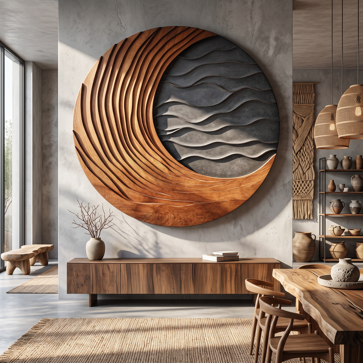 Circular Solid Wood Wall Art with Sweeping Crescent Carving and Layered Ocean Waves