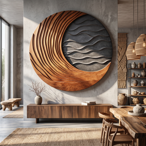 Circular Solid Wood Wall Art with Sweeping Crescent Carving and Layered Ocean Waves