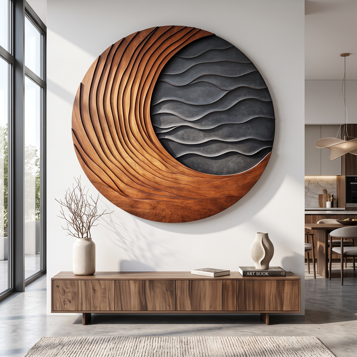 Circular Solid Wood Wall Art with Sweeping Crescent Carving and Layered Ocean Waves