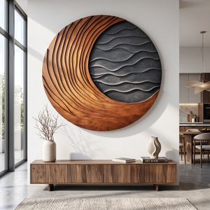 Circular Solid Wood Wall Art with Sweeping Crescent Carving and Layered Ocean Waves