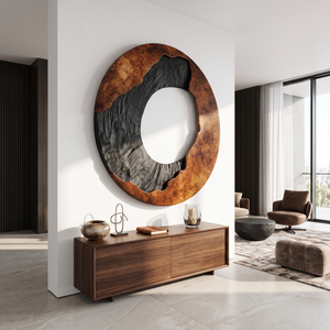 Circular Solid Wood Wall Art with Eclipse Inspired Design and Textured Black Carving