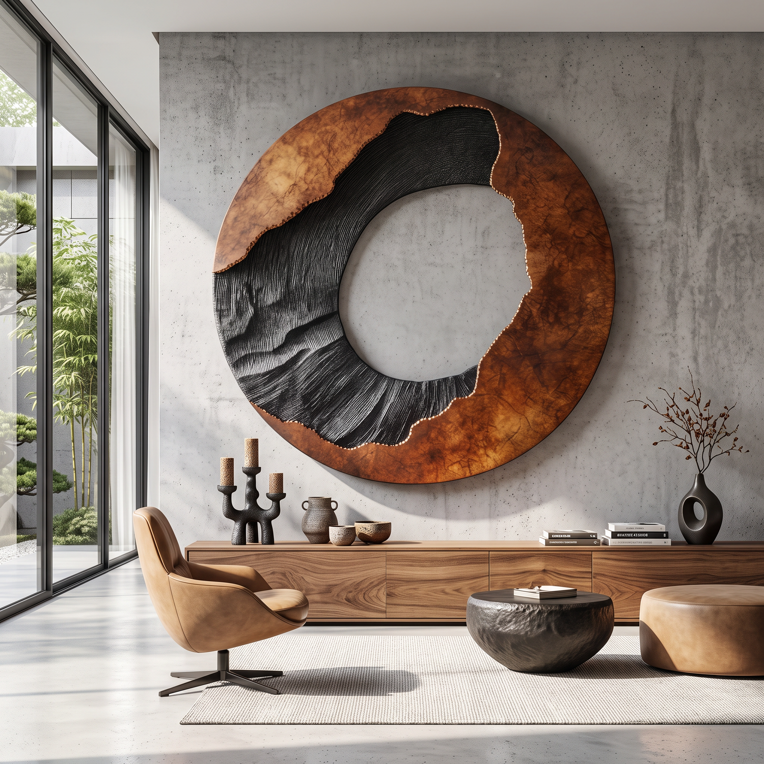 Circular Solid Wood Wall Art with Eclipse Inspired Design and Textured Black Carving