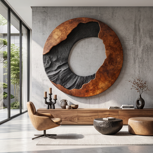 Circular Solid Wood Wall Art with Eclipse Inspired Design and Textured Black Carving