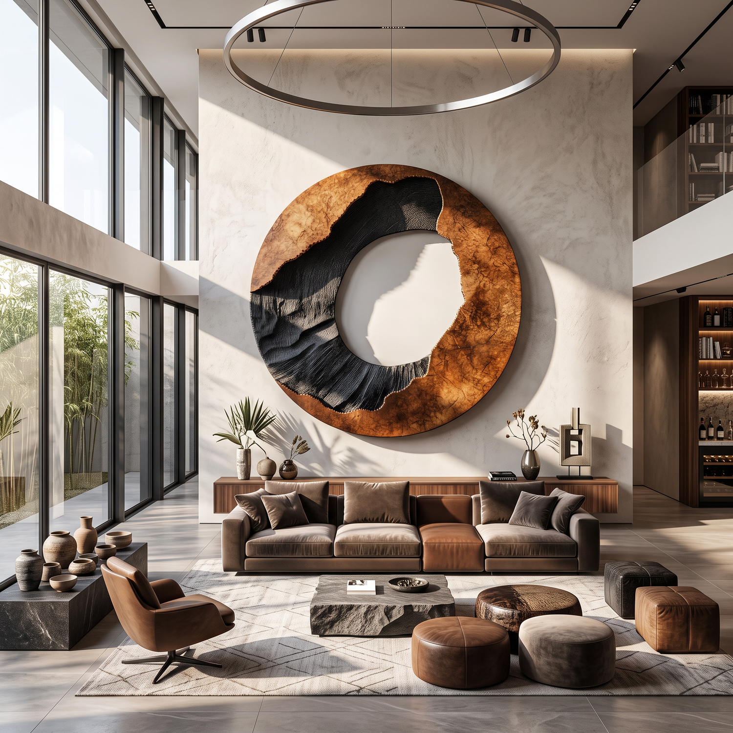 Circular Solid Wood Wall Art with Eclipse Inspired Design and Textured Black Carving
