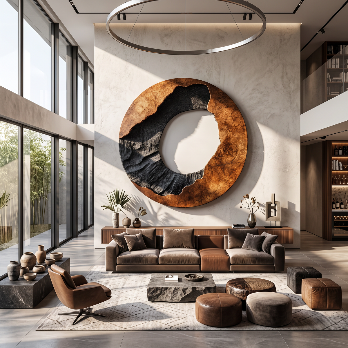 Circular Solid Wood Wall Art with Eclipse Inspired Design and Textured Black Carving