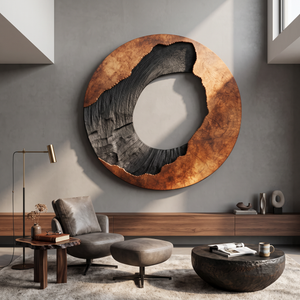 Circular Solid Wood Wall Art with Eclipse Inspired Design and Textured Black Carving