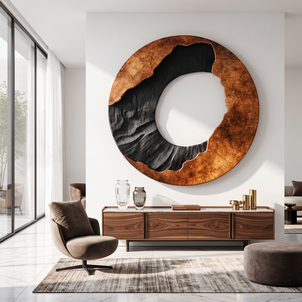 Circular Solid Wood Wall Art with Eclipse Inspired Design and Textured Black Carving