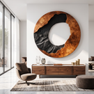 Circular Solid Wood Wall Art with Eclipse Inspired Design and Textured Black Carving