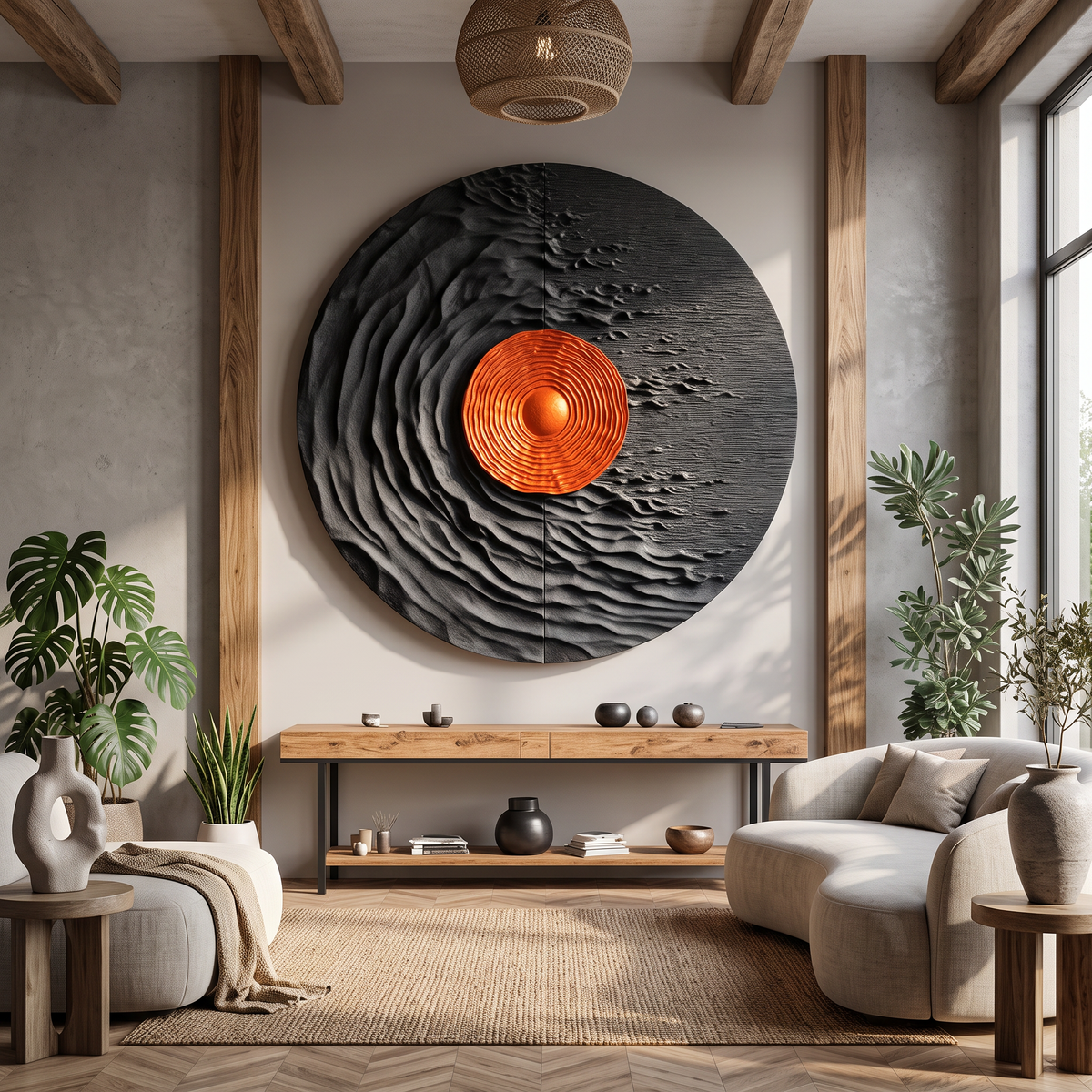 Round Solid Wood Wall Art with Solar Vortex and Textured Relief