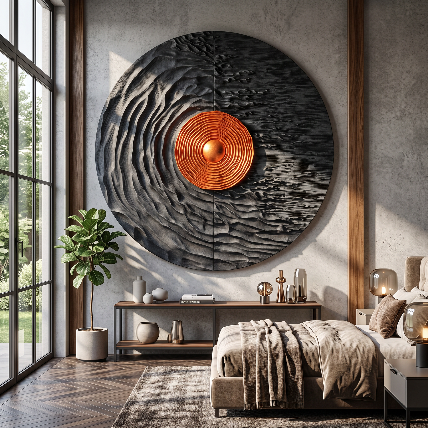 Round Solid Wood Wall Art with Solar Vortex and Textured Relief