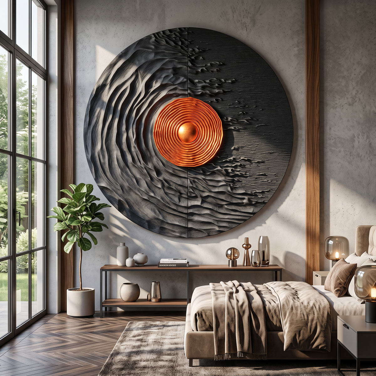Round Solid Wood Wall Art with Solar Vortex and Textured Relief