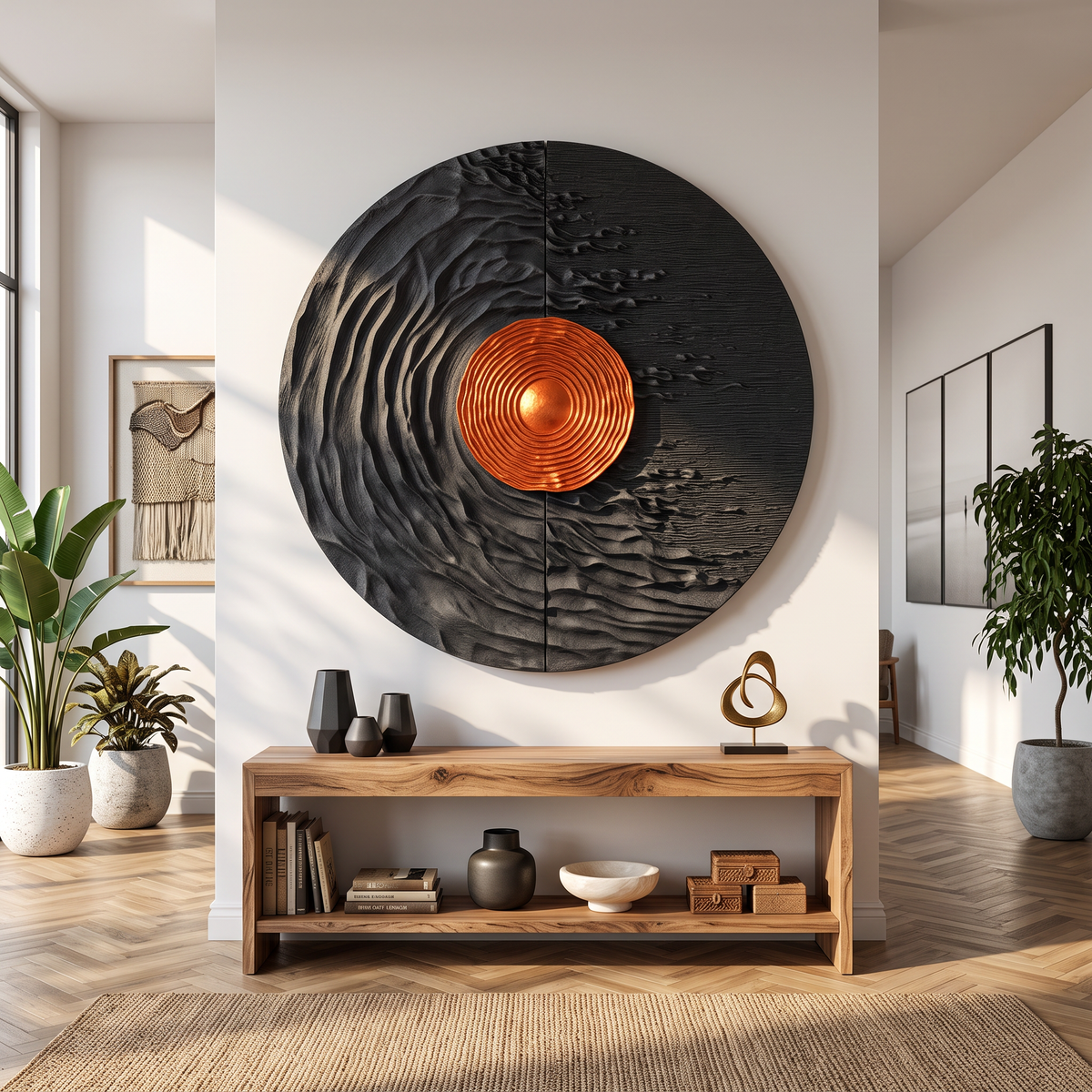 Round Solid Wood Wall Art with Solar Vortex and Textured Relief